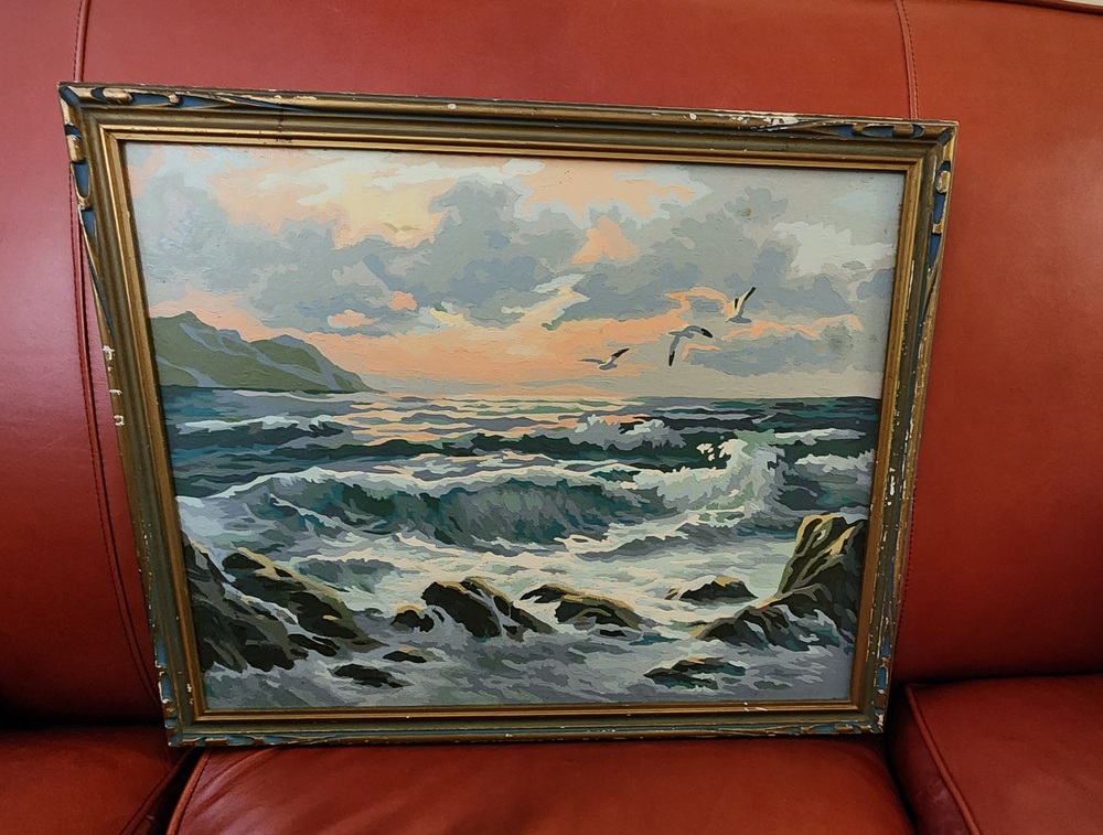 VINTAGE AMERICAN PAINT-BY-NUMBERS SEASCAPE IN CARVED WOODEN FRAME 18"x22"